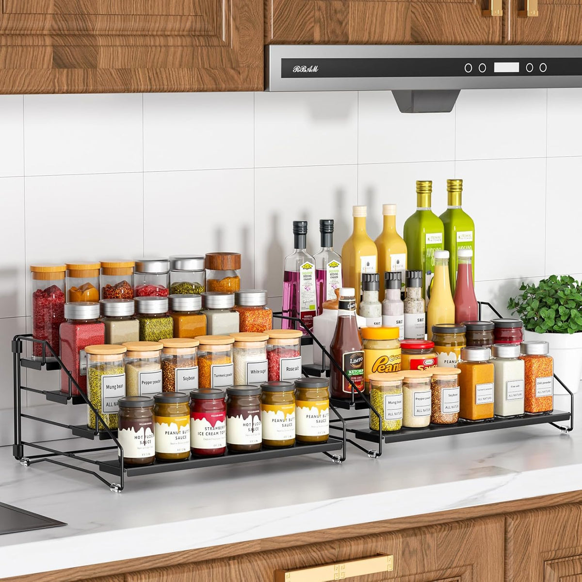 RCHYFEED Spice Rack Organizer for Cabinet Pantry,4 Tier Spice Rack Countertop, Depth Adjustable Spice Organization for Cabinet,Tierd Seasoning Organizer for Cabinet(Black) | for Cabinet Pantry