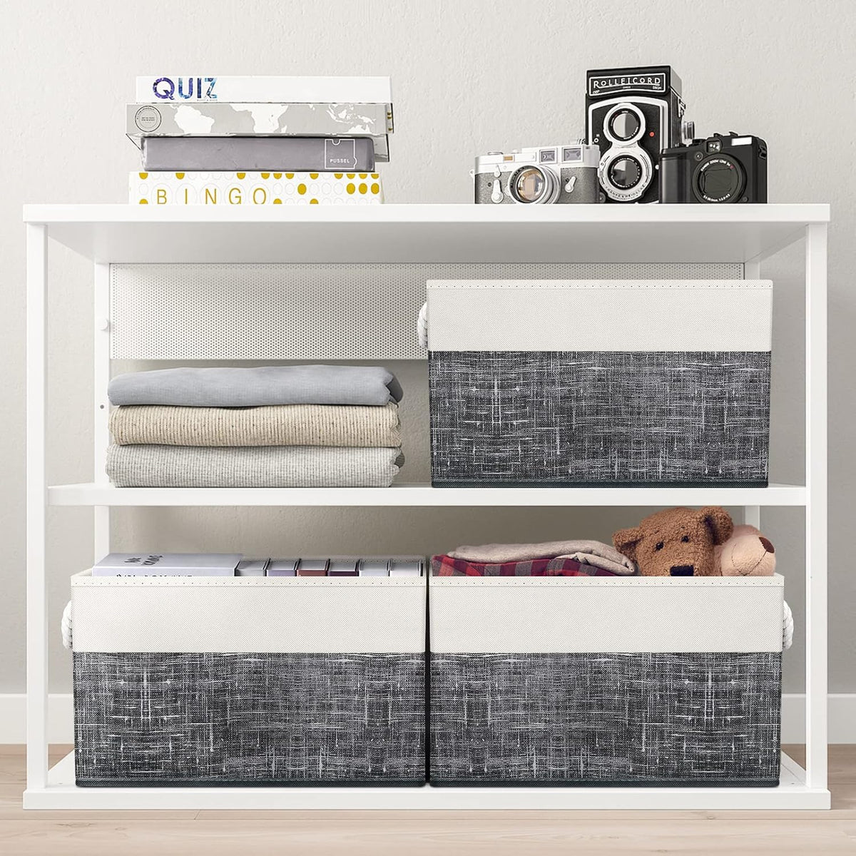 Fab totes Storage Bins, Foldable Storage Baskets for Organizing Toys, Books, Shelves, Closet, Large Storage Box with Rope Handles, Sturdy Organizer Bins, White & Grey