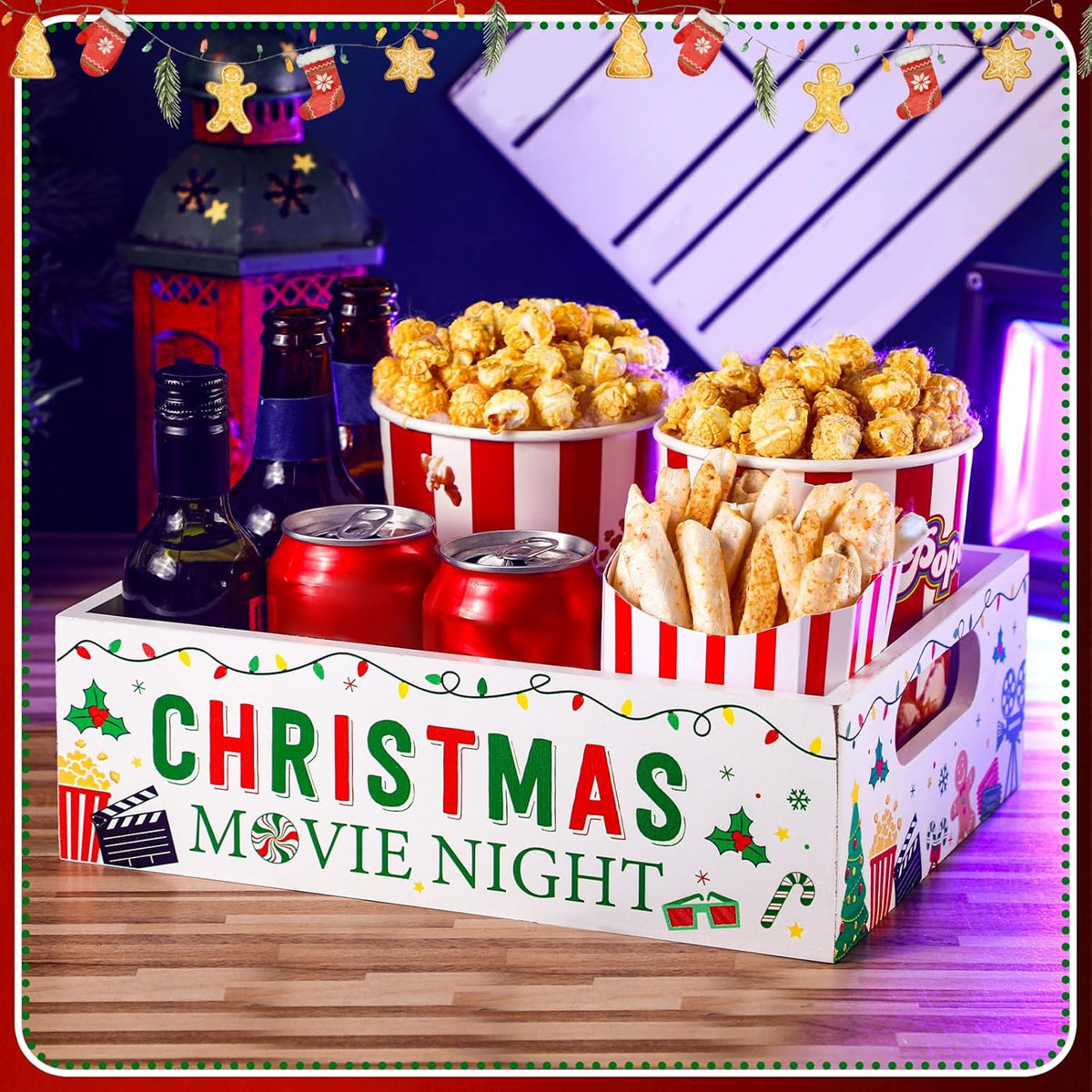 Movie Night Supplies Snack Trays with Handles Reusable Wooden Movie Gift Basket for Theater Popcorn Bucket Bowl Box Container Family Room Decor(Classic Style)