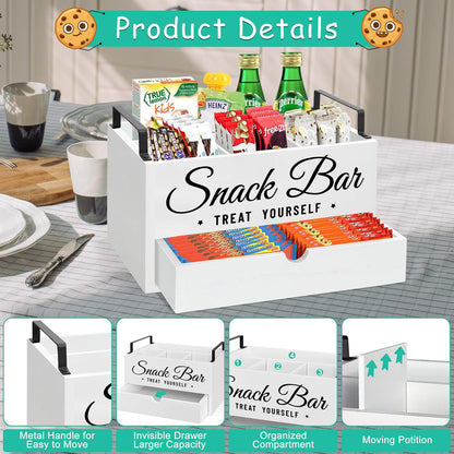 Snack Organizer for Countertop, Wood Pantry Storage Bins with Handles, Snack Bar Organizer for Kitchen, Office, 4 Compartment Food Container Snack Box with Drawer, Pantry Organizer for Chips, Candy