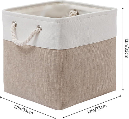 MidmmVick 13 x 13 Inch Cube Storage Bins, 6 Pack Extra Large Collapsible Fabric Storage Bin with Ropes, Foldable Storage Cubes for Home (White & Beige-13"x13"x13")