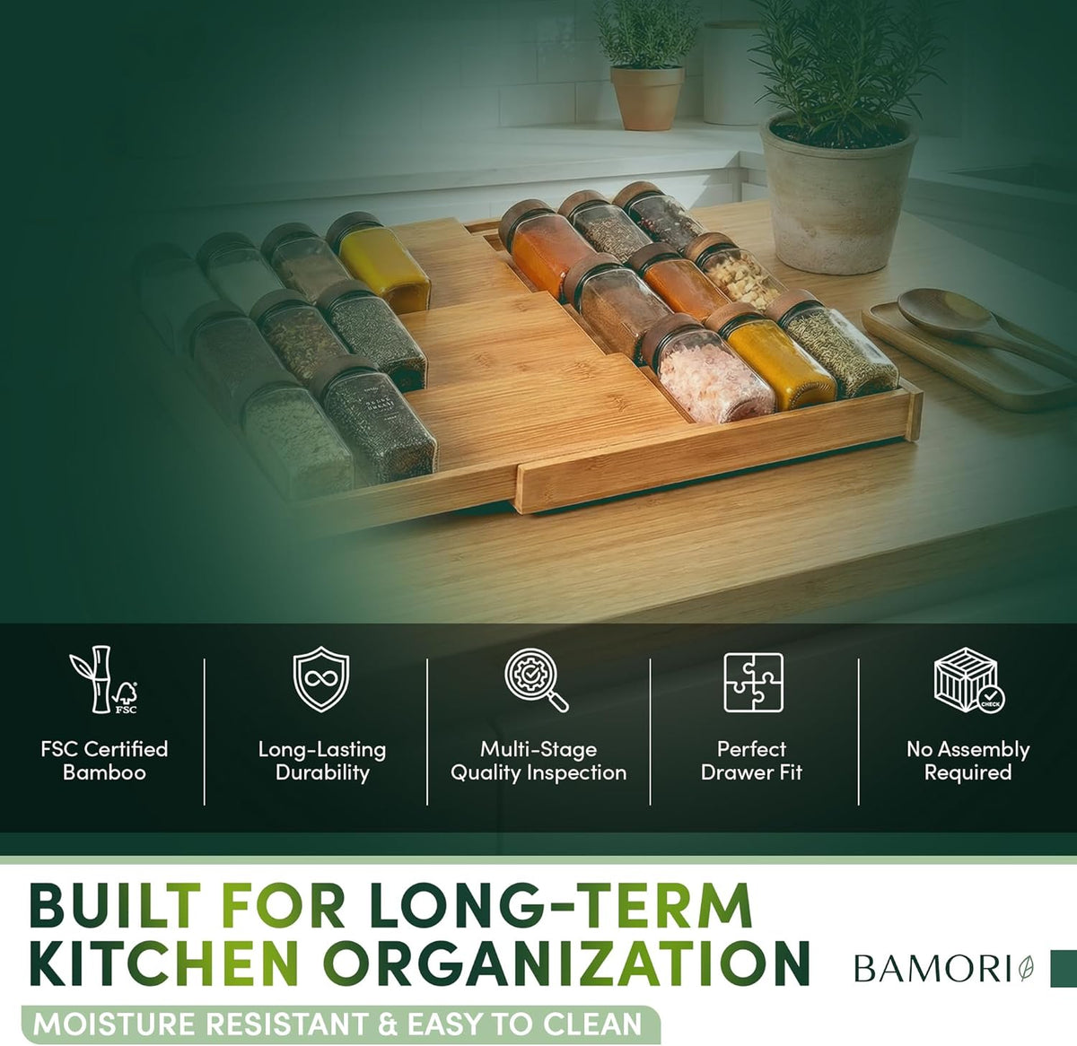 Bamboo Spice Drawer Organizer – Expandable Spice Rack for Drawer – 4 Tiered Premium Bamboo Kitchen Seasoning Organizer for Drawer Spice Organizer, Seasoning rack insert for Cabinet