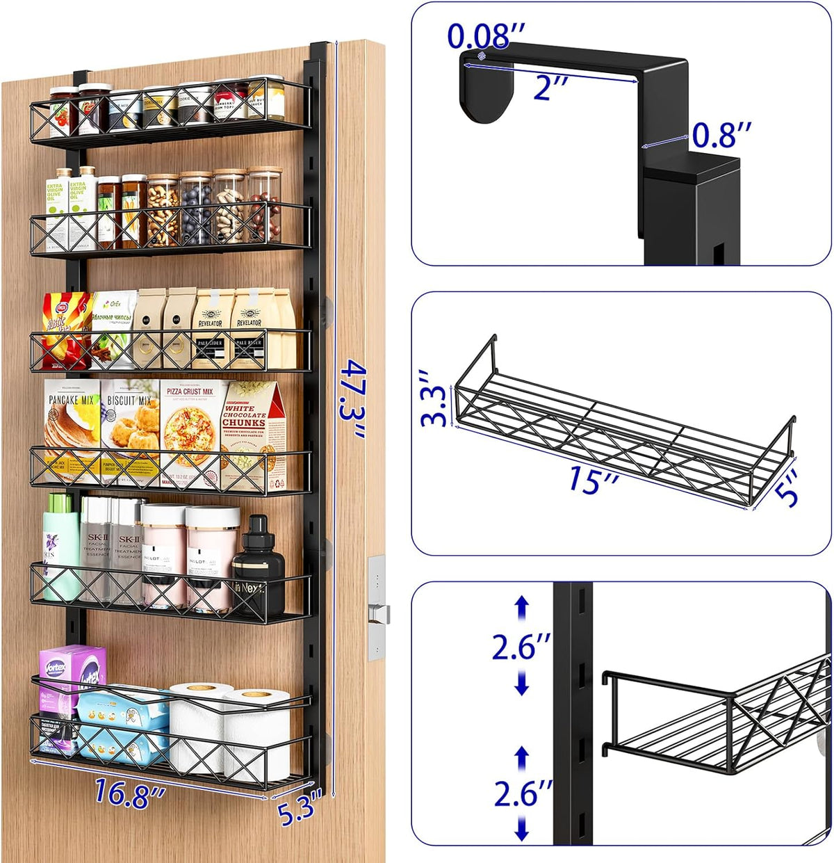 MIAOLI Over the Door Organizer, Black 6-Tier Pantry Door Organizer with Adjustable Basket, Hanging Spice Rack Cabinet Door Shelves, Laundry Room Organization and Storage