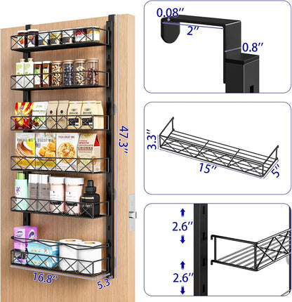 MIAOLI Over the Door Organizer, Black 6-Tier Pantry Door Organizer with Adjustable Basket, Hanging Spice Rack Cabinet Door Shelves, Laundry Room Organization and Storage