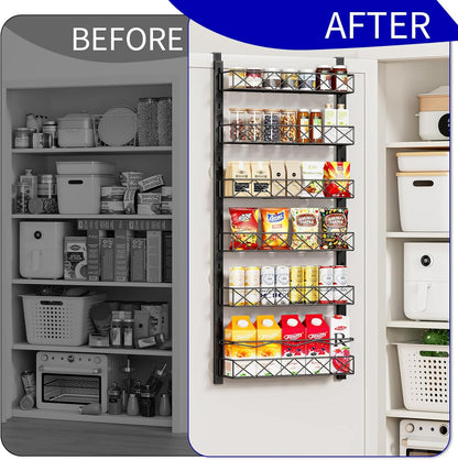 MIAOLI Over the Door Organizer, Black 6-Tier Pantry Door Organizer with Adjustable Basket, Hanging Spice Rack Cabinet Door Shelves, Laundry Room Organization and Storage