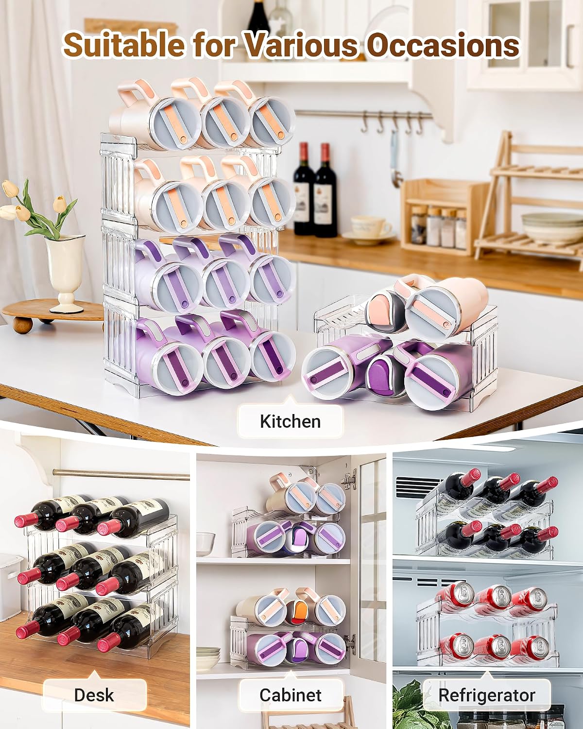 Gracenal Water Bottle Organizer for Stanley Cup Accessories, Cabinet Organizers and Storage for Meoky 40 oz Tumbler with Handle, Fridge Tumbler Organizer Kitchen Gadgets Gifts, 2Pack Large-6-bottle