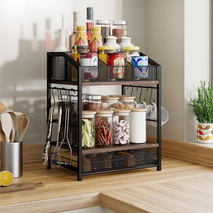 Homsorout Coffee Bar Organizer - Countertop Coffee Station, 42 K Cup holder Storage Basket with Drawer and Hooks for Syrup, Cups, Stirrer, Condiment, Tea Organizer, Black and Brown