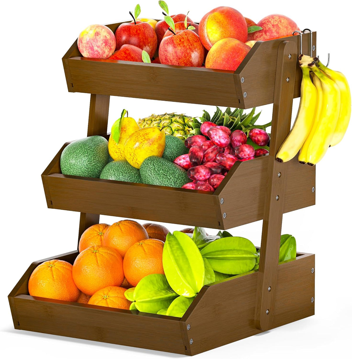 Gmtsl Bamboo Fruit Basket for Kitchen – 3 Tier Fruit Bowl For Kitchen Counter, Large Fruit Holder With 2 Banana Hangers, Idea For Fruit and Vegetable Storage, Bread Basket, Snack Organizer(BLACK)