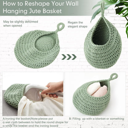Honeydak Boho Decor Hanging Wall Baskets for Kitchen 3 Pack Teardrop Baskets with Hooks Storage Fruit Onion Vegetable Potato for Home 3 Sizes(Linen,Teardrop,Jute)
