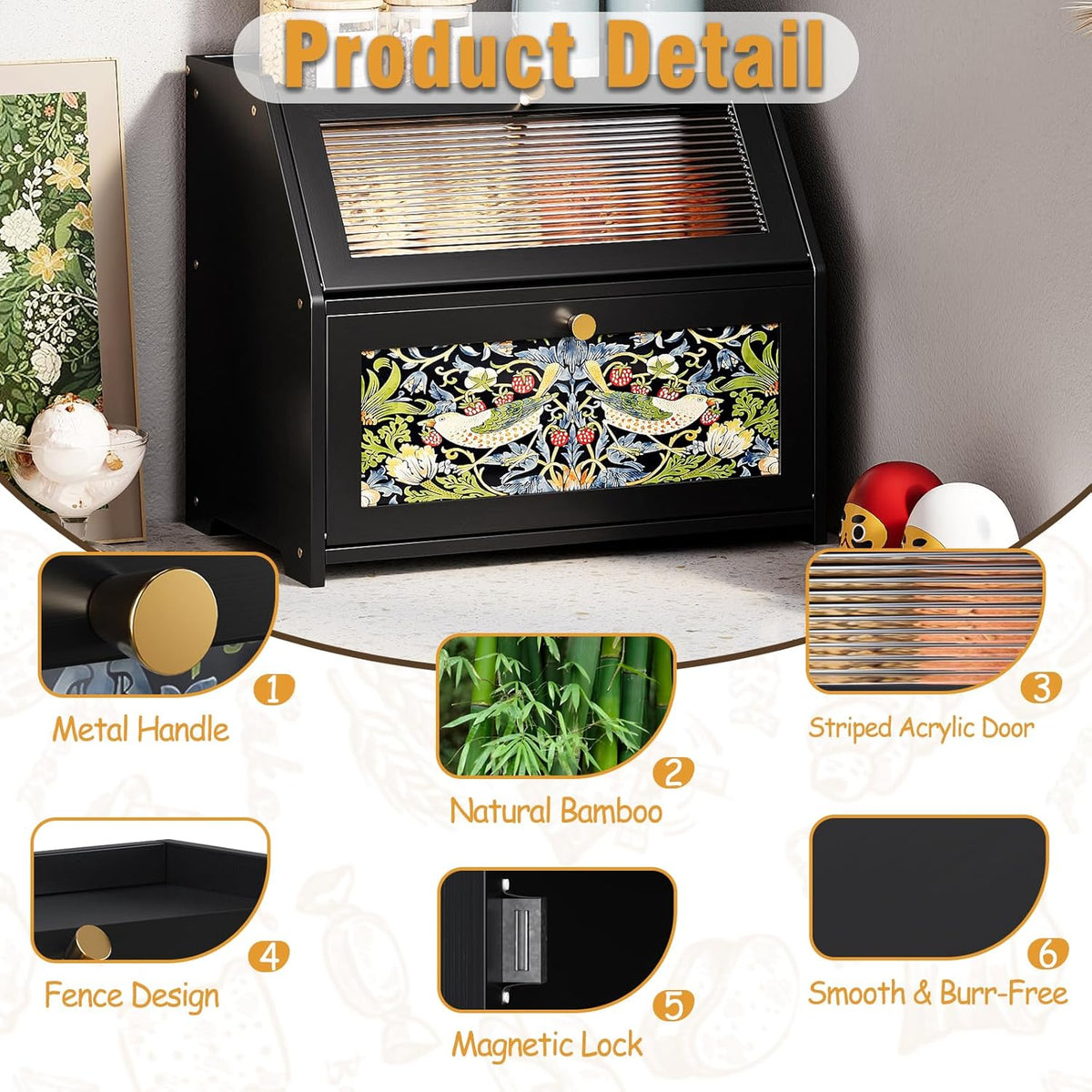 Trironsun Bread Box for Kitchen Counter Black Bread Storage Container with Acrylic Door William Morris Flower Bird Design Farmhouse Breadbox Organizer (Black)