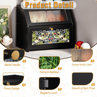 Trironsun Bread Box for Kitchen Counter Black Bread Storage Container with Acrylic Door William Morris Flower Bird Design Farmhouse Breadbox Organizer (Black)