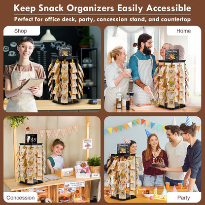 Pinzoveco Chip Rack Display Stand, 5 Tiers 40 Clips Snack Organizer for Office Desk, 360° Rotating Wooden Base Chip Holder Candy Display for Concession Stand, Countertop, Party, With Message Board