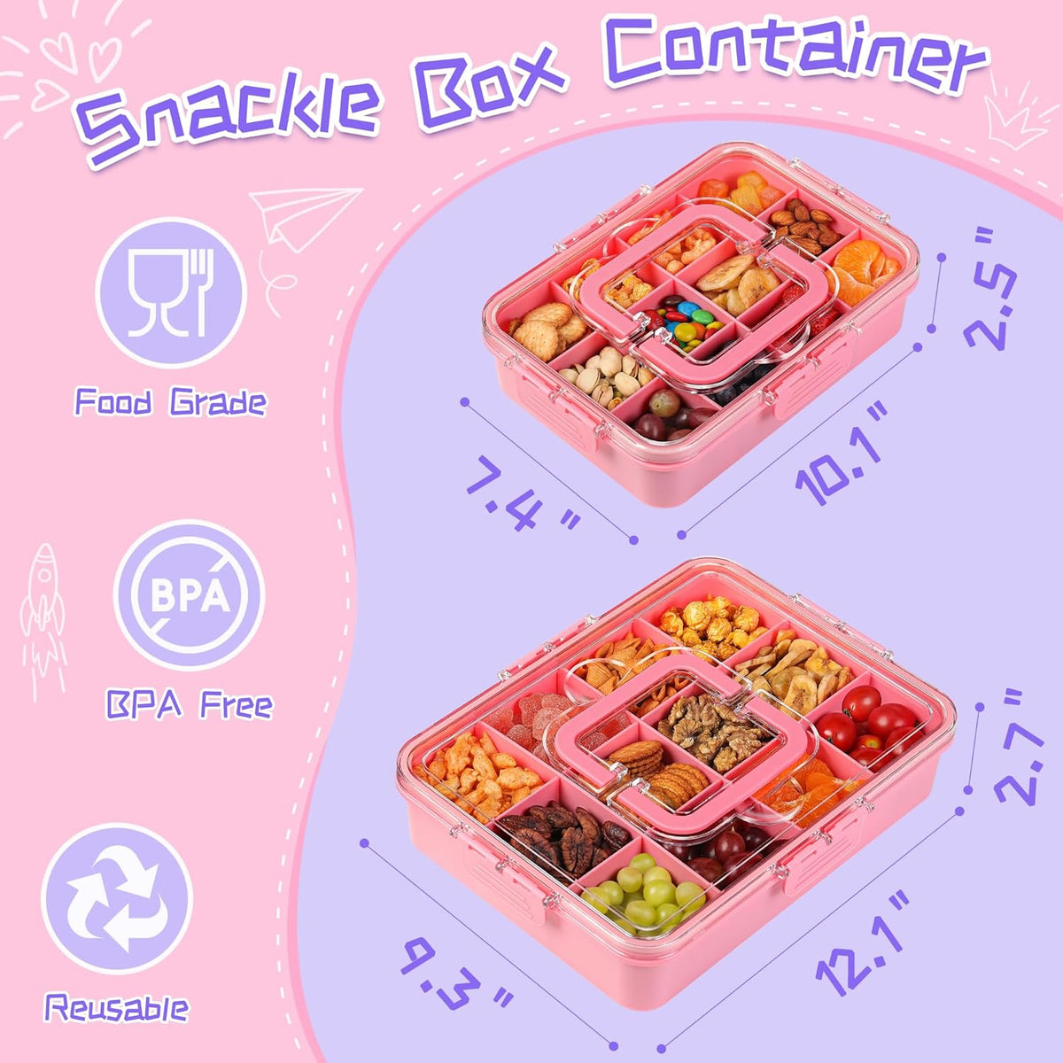 Xyptorix Snack Box Container for Kids - Adjustable 12-Compartment Snack Containers, Reusable Bento Box, Dishwasher Safe, BPA-Free, Perfect for School, Travel, Camping & Picnic, Ivory White