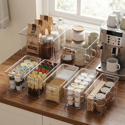 MOONEDGE Set of 4 Clear Plastic Organizer Bins, 2 Large & 2 Small Storage Bins for Pantry, Nestable Space-Saving Containers for Cabinets, Under-Sink, Bathroom, Kitchen & Freezer Organization