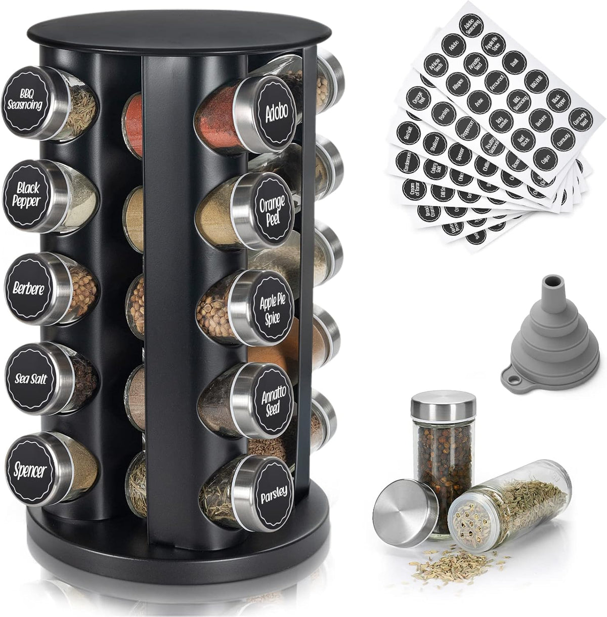 Tianifa Black Countertop Revolving Spice Rack, Empty 20-Jars Rotating Spice Rack Organizer, Round Carousel Tower, 135 Spice Labels with Funnel Complete Set, for Kitchen Countertop, Cabinet