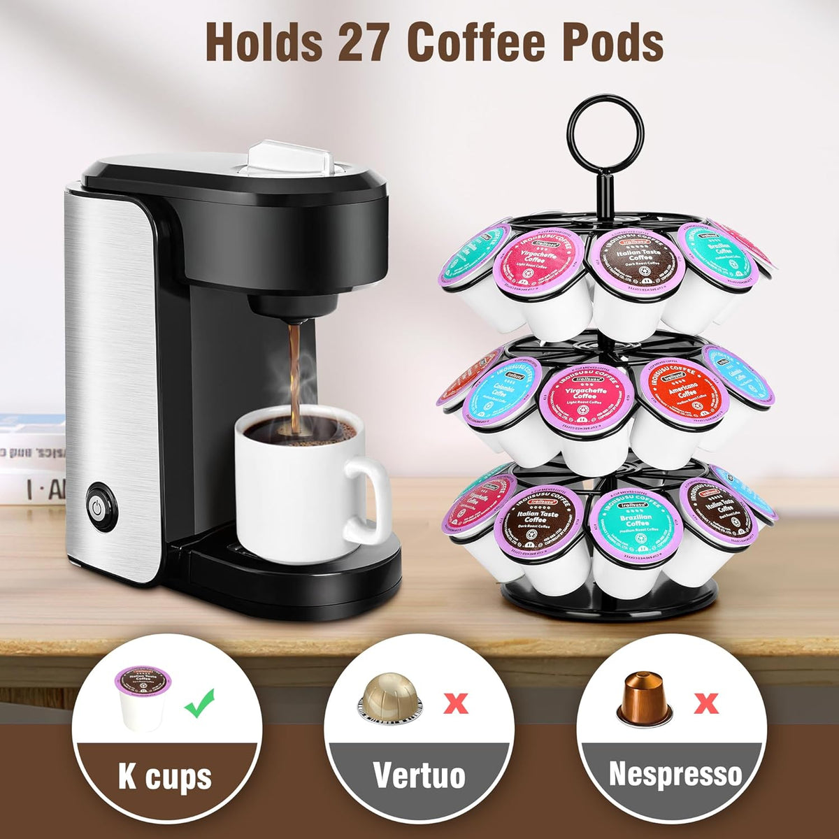 ROWISE K-Cup Pod Carousel Holder and Organizer for 36 Pods - Spins 360 Degrees, Detachable, Modern Metal Design in Black for Home and Office Counters