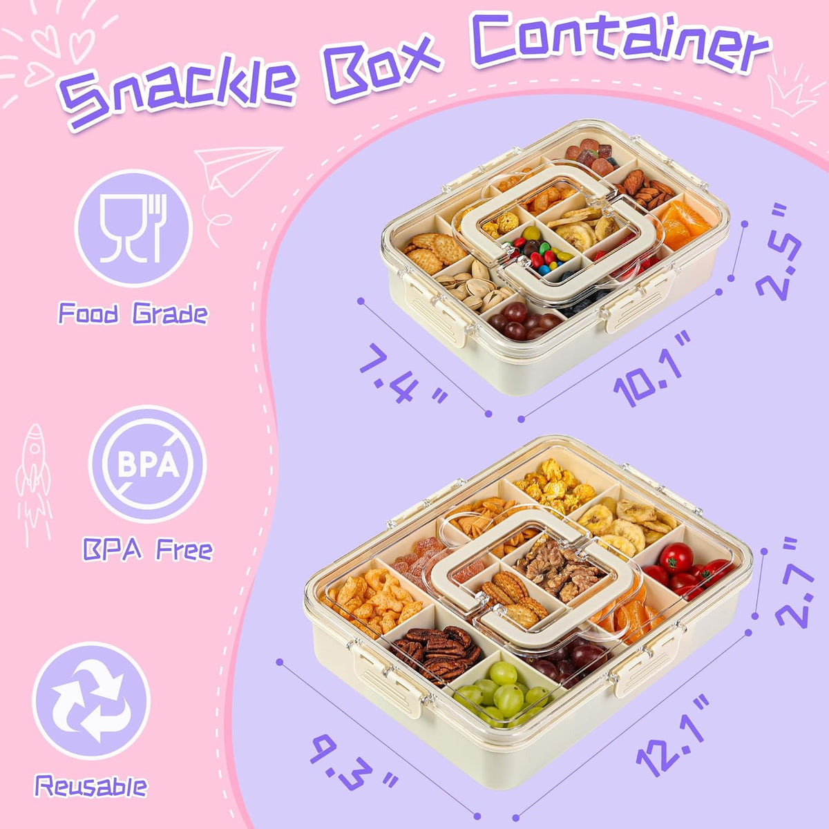 Xyptorix Snack Box Container for Kids - Adjustable 12-Compartment Snack Containers, Reusable Bento Box, Dishwasher Safe, BPA-Free, Perfect for School, Travel, Camping & Picnic, Ivory White