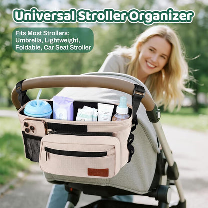 Guiseapue Universal Stroller Organizer with Cup Holder: Baby Essentials, Stroller Caddy Accessories with Detachable Phone Bag, Non-Slip Straps, Fits for Uppababy, Baby Jogger, New Moms Baby Gifts