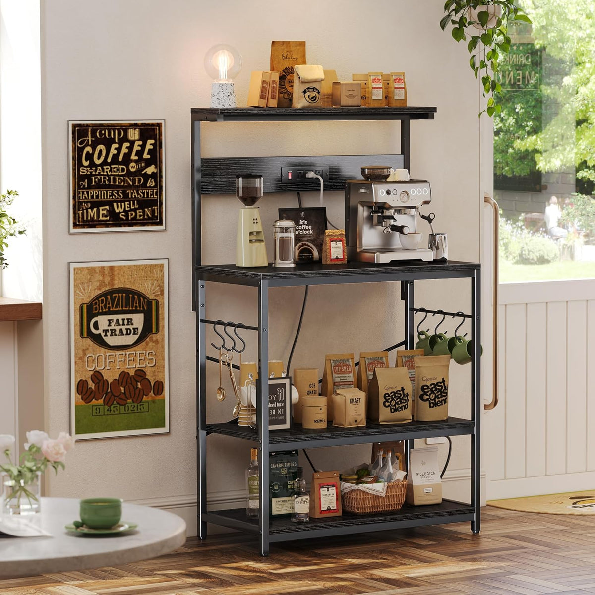 SUPERJARE Kitchen Bakers Rack with Power Outlet, Coffee Bar Table 4 Tiers, Kitchen Microwave Stand with 6 S-shaped Hooks, Storage Shelf Rack for Spices, Pots and Pans - Rustic Brown