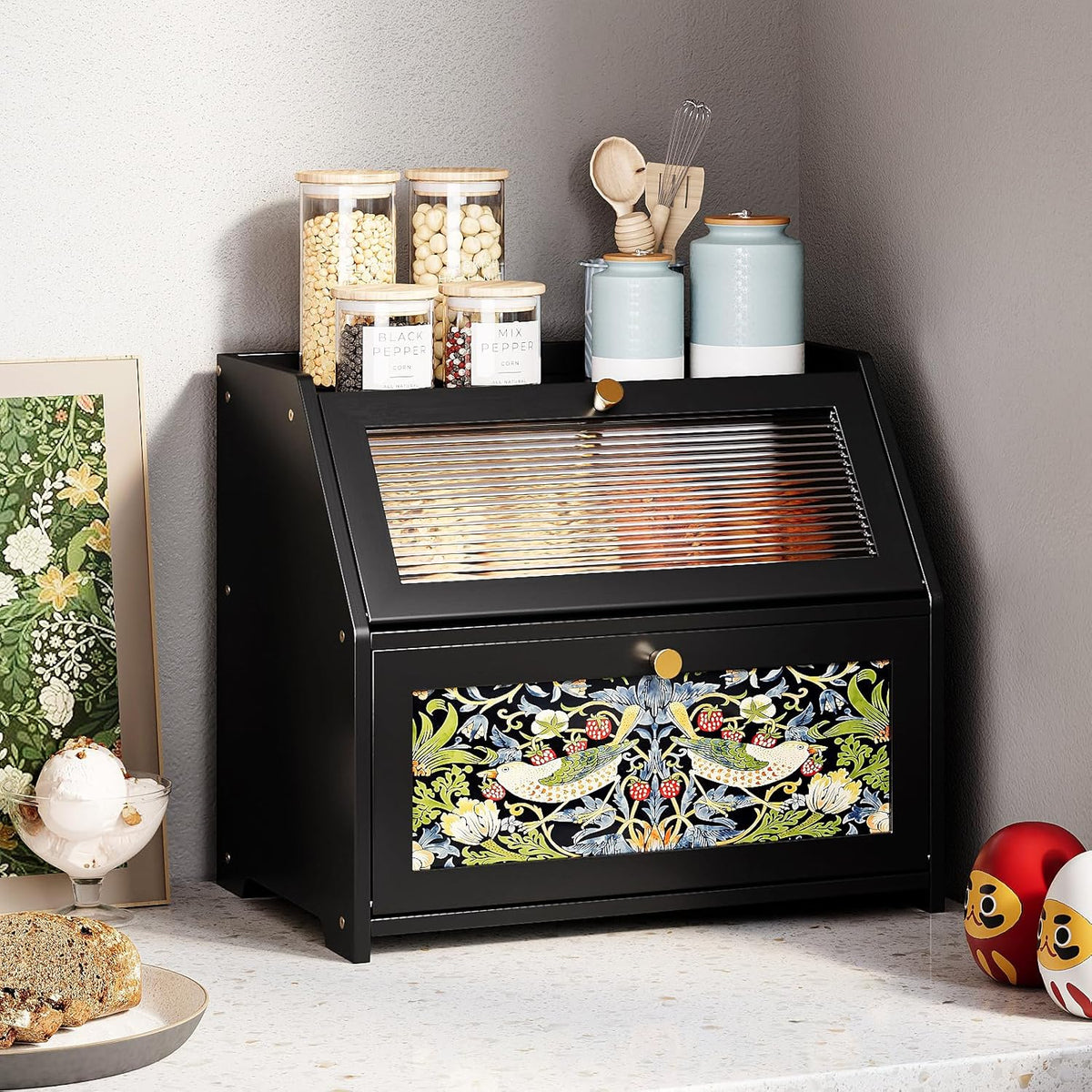 Trironsun Bread Box for Kitchen Counter Black Bread Storage Container with Acrylic Door William Morris Flower Bird Design Farmhouse Breadbox Organizer (Black)