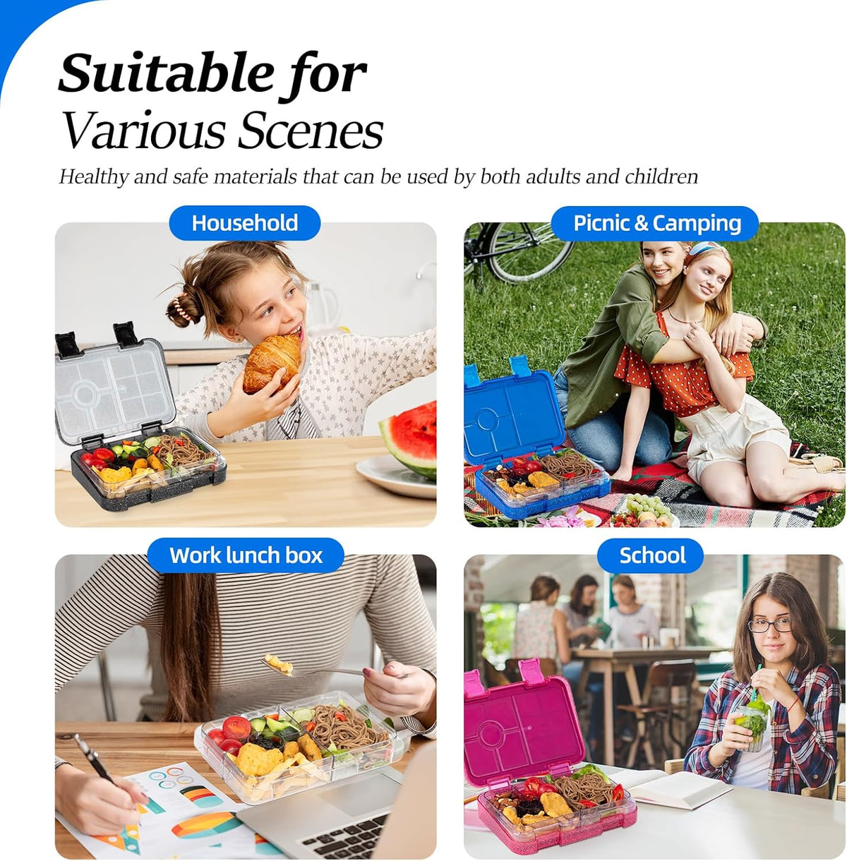 Bento Lunch Box for Kids, 6 Compartments BPA Free, Dishwasher Safe Back to School Snack Bento Lunch Containers Boxes, Ideal Portion Sizes for On-the-Go Meal, Ages 3+, School, Green Patterned