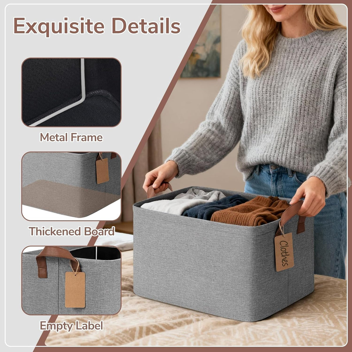 CHICVITA 4 Pack Large Storage Baskets for Shelves, Collapsible Closet Organizer Bins with Metal Frame, Fabric Storage Bins for Clothes Towels Organization, 16.8" x 11" x 9.8", Beige