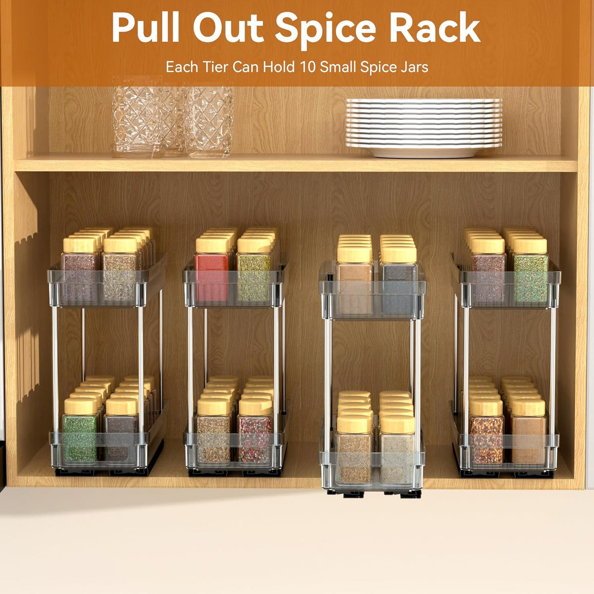 Pull Out Spice Rack Organizer for Cabinet, Slide Out Spice Racks Organizer, Spice Cabinet Organizers, Cabinet Size Need:12'' Highx11'' Deepx5'' Wide,Hold 10 Spice Jar Each Tier-2Tier, Black