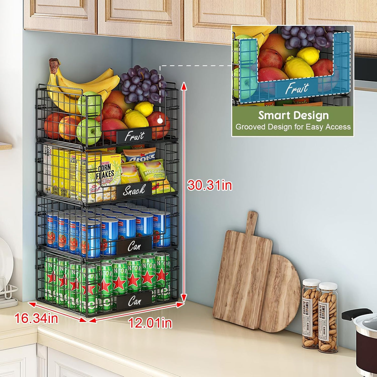 JKsmart 4 Pack XXL Stackable Wire Baskets with Handles for Pantry Storage and Organization,Fruit and Vegetable Basket with Name Plates,Metal Storage Bins for Snack Can Fruit Veggies