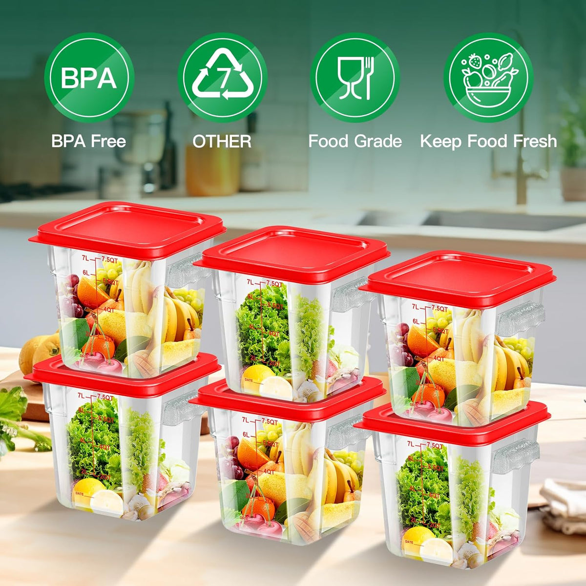 4 pcs 4qt Food Storage Containers with Lid, Square Clear Commercial Food Storage Containers with Handle and Scale for Food Storage in Home Kitchen & Dining (Green)