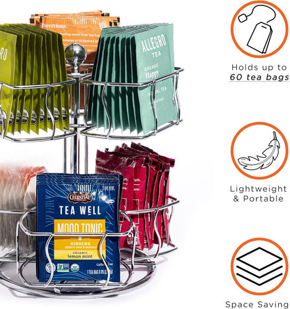 Sorbus Tea Bag Spinning Carousel - Tea Caddy Organizer for Countertop - Matcha Station Accessories - 2 Tier Revolving Storage for Pantry - Holds Up to 60 Large Tea Bags