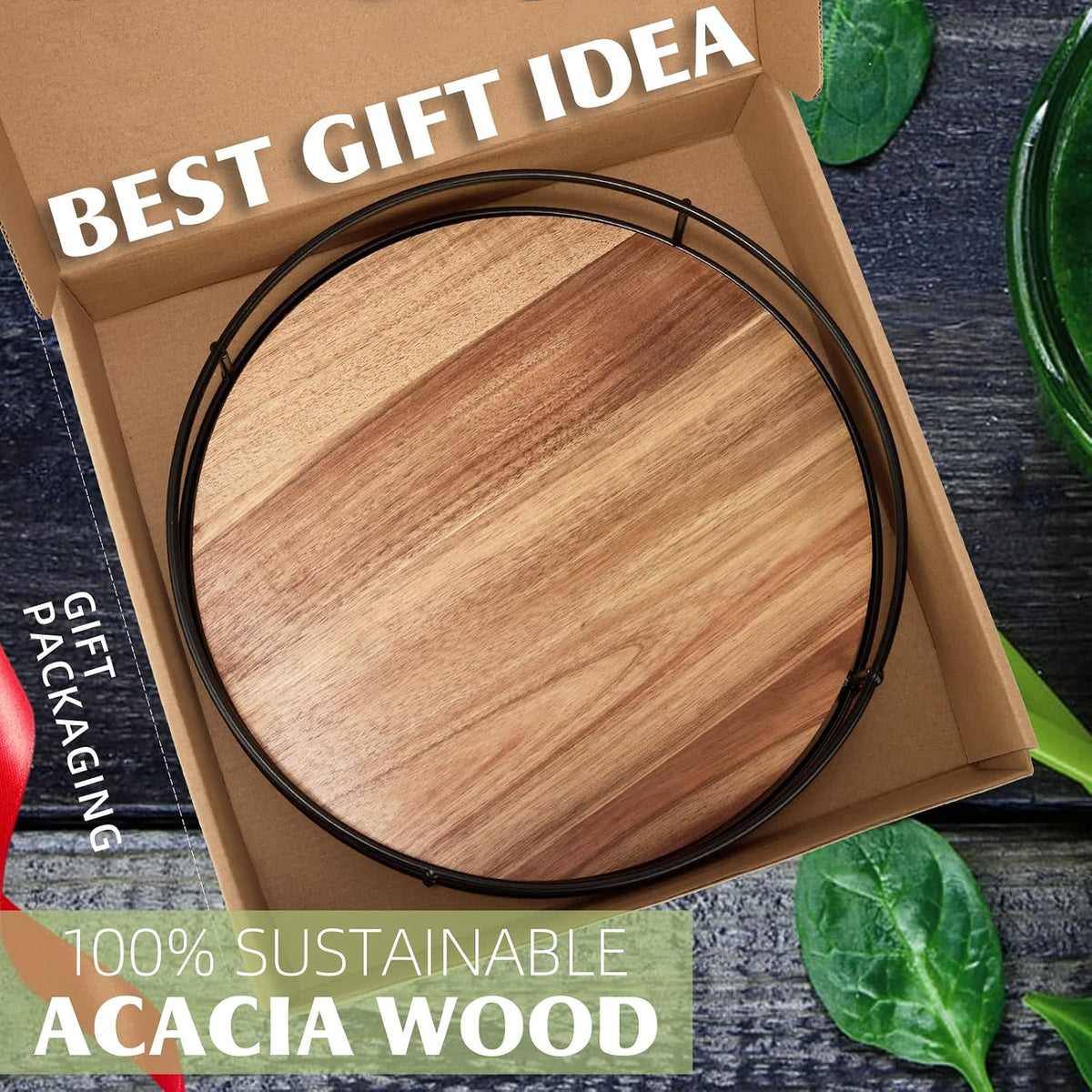 9" Acacia Wood Lazy Susan Turntable, Tomoaza Kitchen Organizer Turntable with Steel Sides, 360 Degree Lazy Susan for Countertop Cabinet or Dining Table