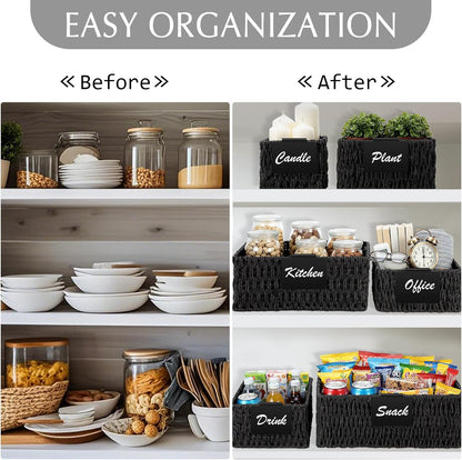 Marsui 6 Pcs Wicker Storage Baskets with Labels Handwoven Multi-size Brown Wicker Storage Bins for Organizing Small Baskets Container for Shelves Closet Pantry Toilet(Brown )