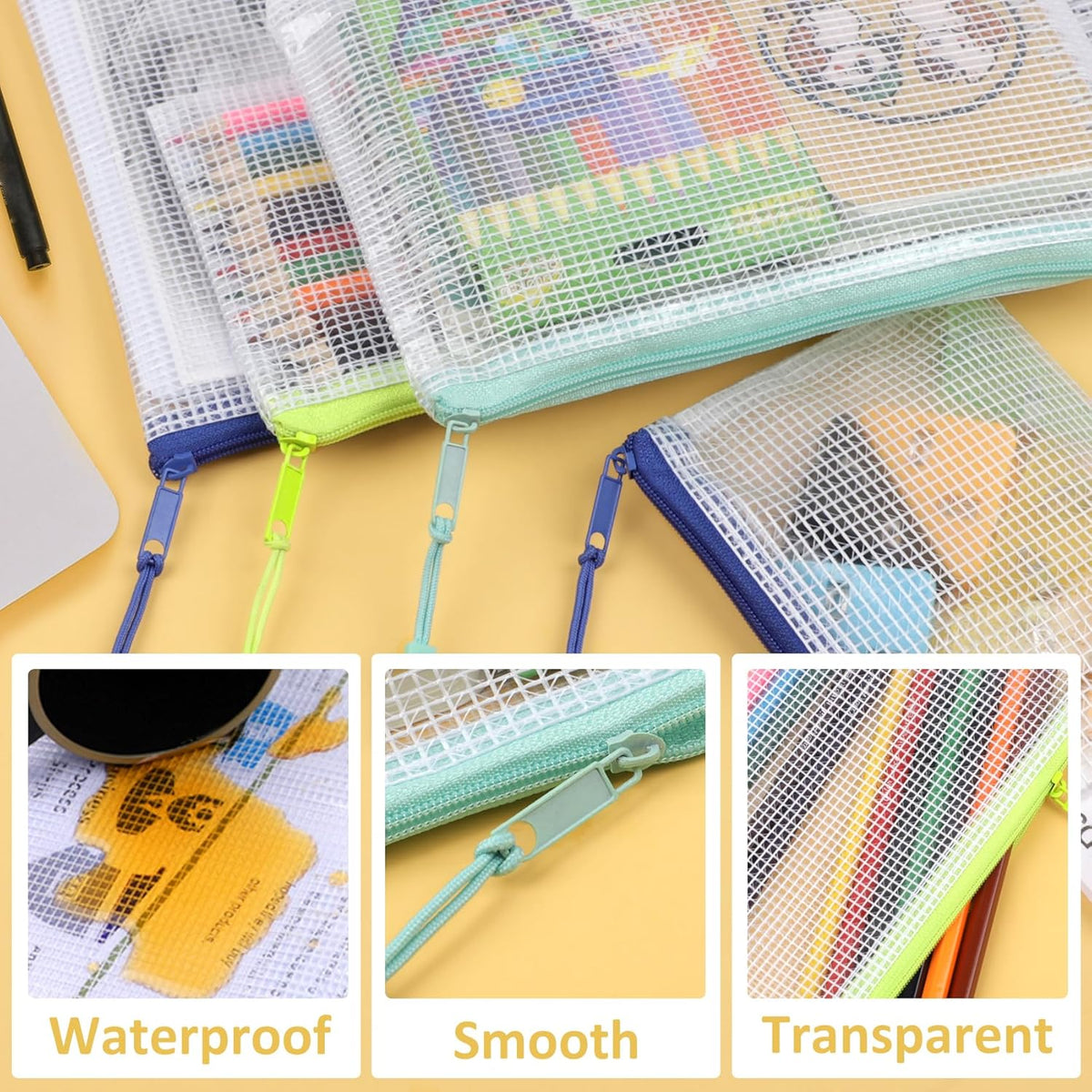 YOPCDJ Mesh Zipper Pouch Bags A4 Zipper Bags for Classroom Organization, Waterproof Document Zipper Pouches for Cosmetics, Travel Storage File Bags for Office Supplie