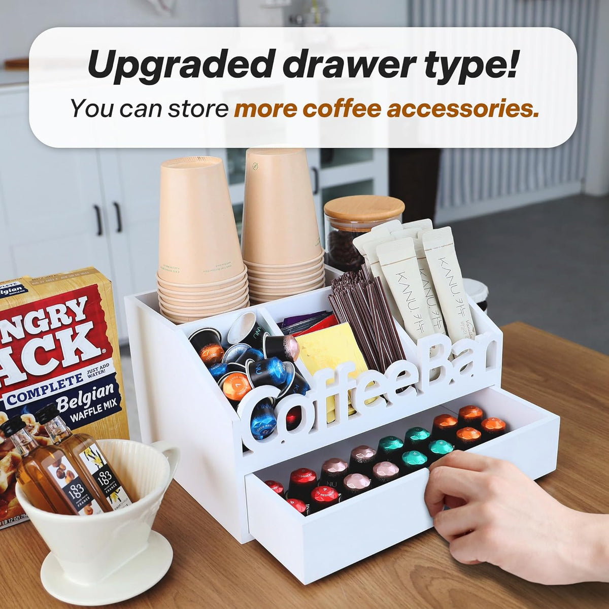 Coffee Bar Organizer for Countertop – Wooden Coffee Caddy with Compartments for Pods, Sugar Packets, and Accessories – Coffee Condiment Station Storage for Home and Office (Black)