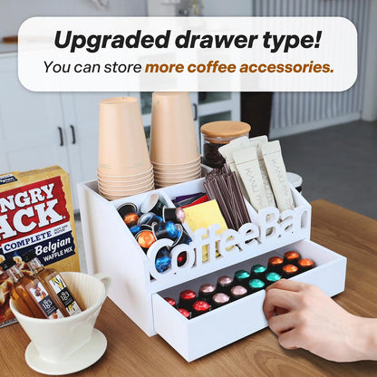 Coffee Bar Organizer for Countertop – Wooden Coffee Caddy with Compartments for Pods, Sugar Packets, and Accessories – Coffee Condiment Station Storage for Home and Office (Black)