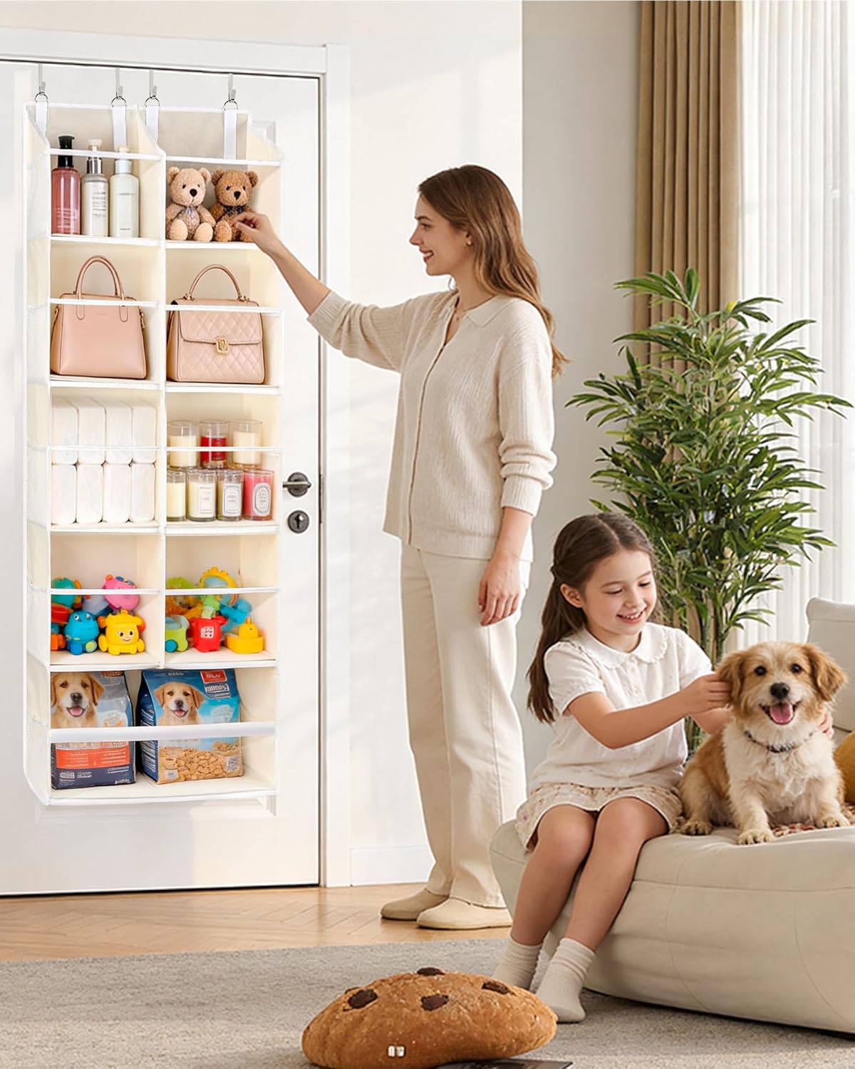 ULG Over The Door Organizer with 6 Large Pockets 12 Side Pockets, 50lbs Weight Capacity Door Hanging Organizer for Bedroom, Bathroom, Pantry, Nursery Storage, Beige