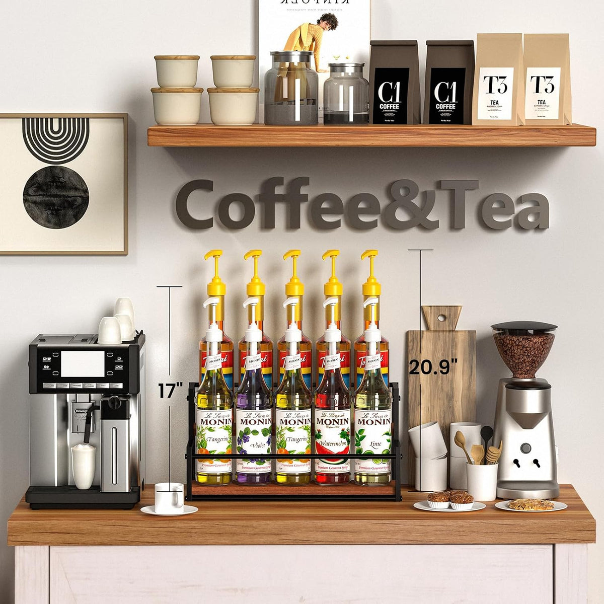 THYGIFTREE Coffee Syrup Rack Organizer 2-Tier 10 Syrup Bottles Holder Stand Metal with Wood Base for Coffee Bar Storage Shelves for Kitchen Countertop Matte Black