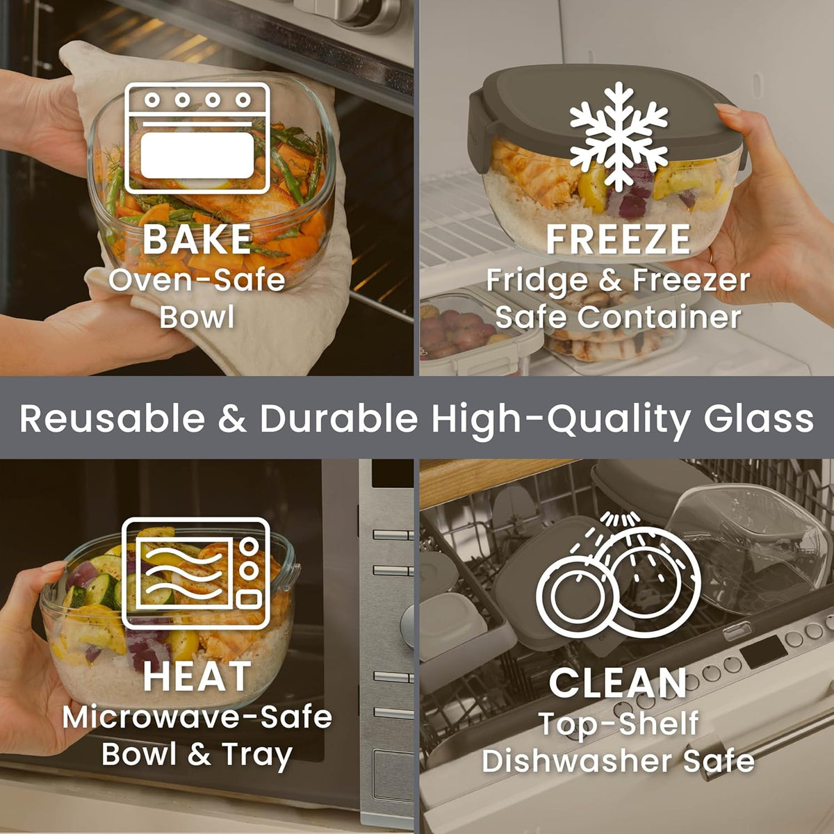 Bentgo Glass Prints Salad Container - 7.6-Cup Tinted Glass Salad Bowl with Airtight Lid, Leak-Proof Sauce Container, 4-Compartment Bento Meal Prep Tray & Reusable Fork (Floral Maximalist - Sea)