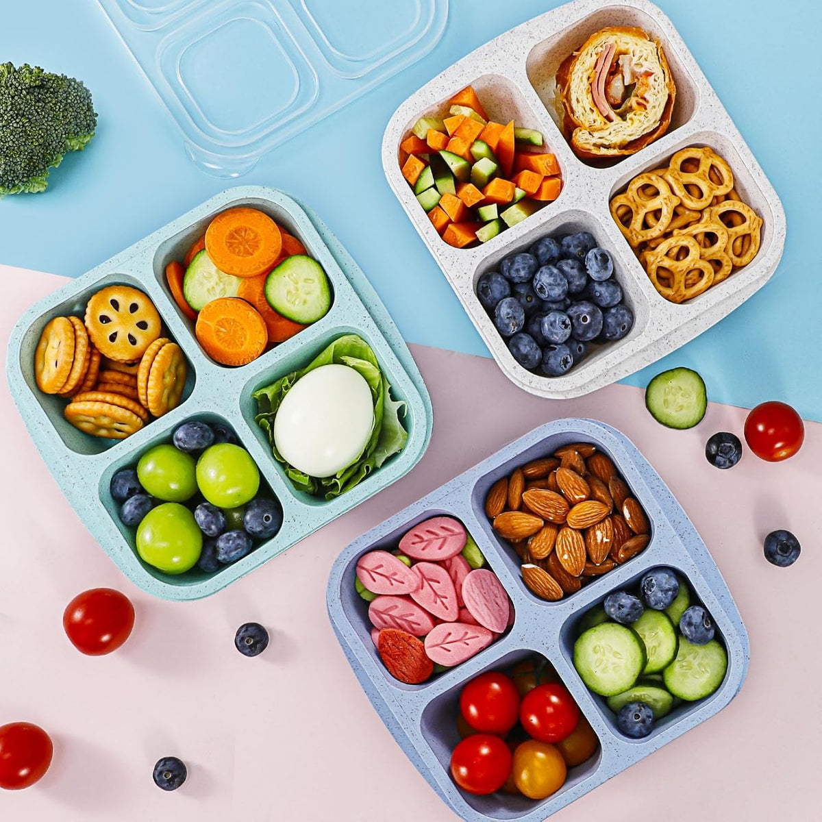 Caperci Lunchable Snack Containers - 4 Pack Bento Snack Boxes with 4-Compartment, 2 Leakproof Dip Cups, Reusable Divided Food Containers for School, Work, Travel (Jewel Brights)