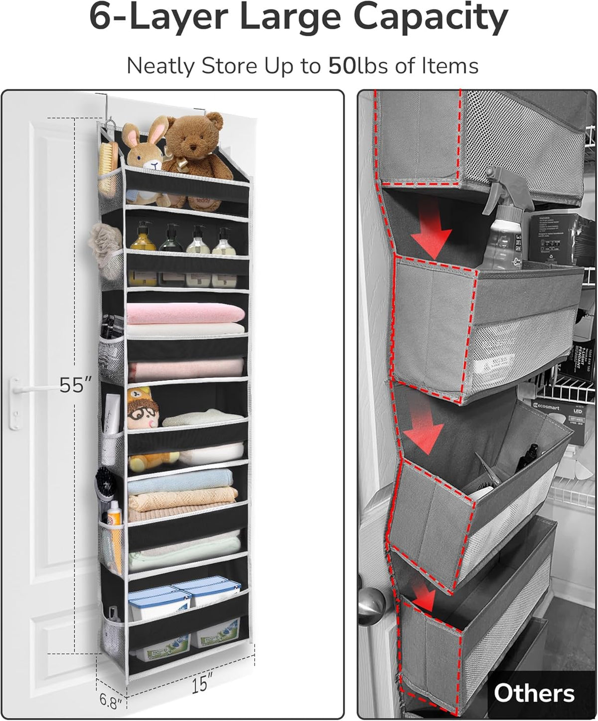 ULG Over The Door Organizer with 6 Large Pockets 12 Side Pockets, 50lbs Weight Capacity Door Hanging Organizer for Bedroom, Bathroom, Pantry, Nursery Storage, Beige