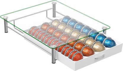 DecoBrothers Crystal Tempered Glass Vertuo Pod Holder Drawer, 24 Large or 48 Small Nespresso Capsule Organizer