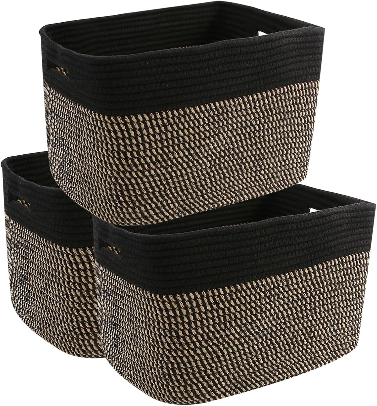 3 Pack Woven Rope Storage Baskets for Shelves,13.5"×11"×9.5" Storage Bins with Handles,Empty Gift Baskets,Nursery Organizer for Toys,Towels,Books,Closet,Living Room,Bedroom (White & Brown)