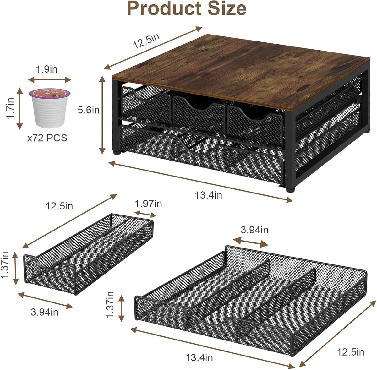 Coffee Pod Holder For Counter, 3 Pull-Out 72 K-Cup Holder Drawer, Wooden Cafe Pods Storage Organizer with Sliding Drawers for Coffee Station, Home, Kitchen, Office, Dorm (Black)