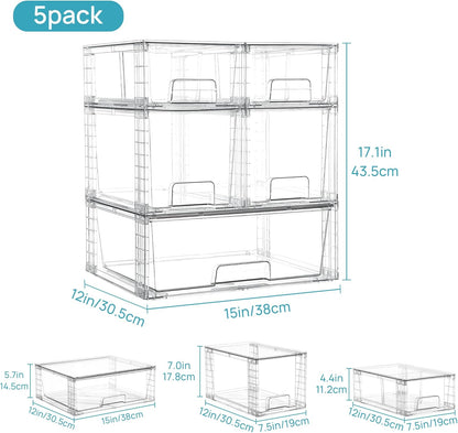 Vtopmart 3 Pack Stackable Storage Drawers, Easily Assemble Acrylic Bathroom Undersink Organizers,Clear Plastic Storage Bins for Closet,Cabinet,Pantry,Medicine Organization
