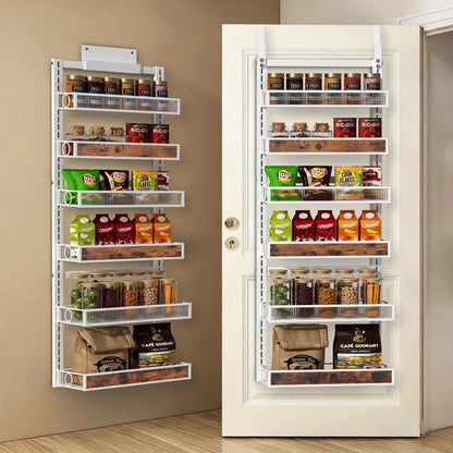 8 Tier Pantry Door Organizer Spice Rack, 2-IN-1 Wall Mount or Hanging Over Door Seasoning Organizer with Adjustable Baskets, Heavy Duty Behind Door Storage Shelves for Pantry, Cabinet and Kitchen