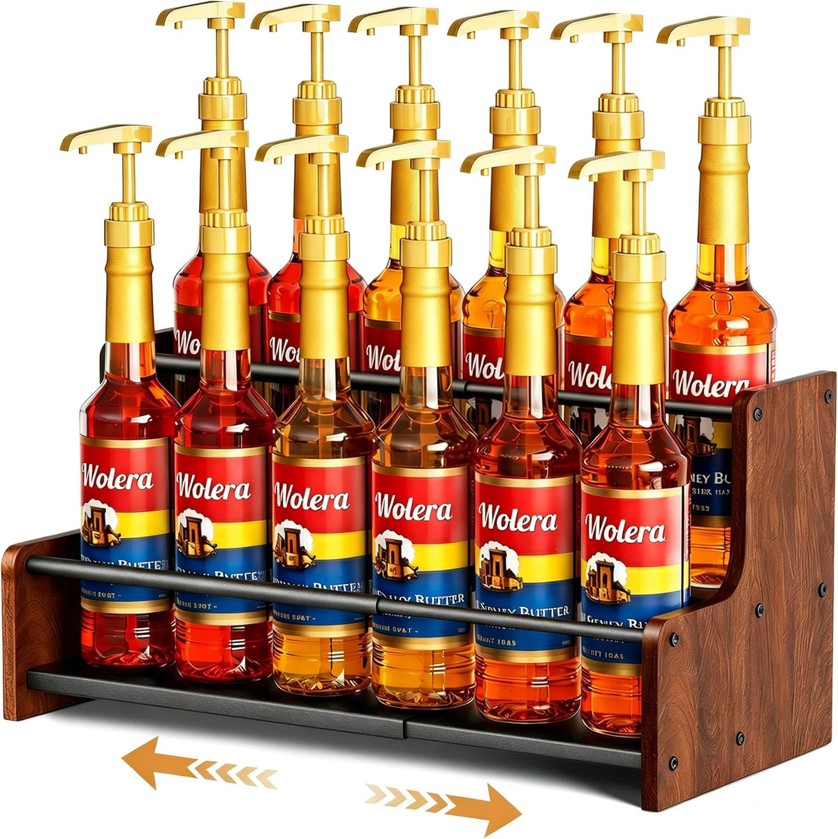 2-Tier Expandable Coffee Syrup Organizer – Countertop Rack Holds 8 to 12 Syrup Bottles, Display Shelf, Customizable Length Coffee Bar Shelf for Liquor, Spice Jars & Wine, Heavy Duty Coffee Bar Storage