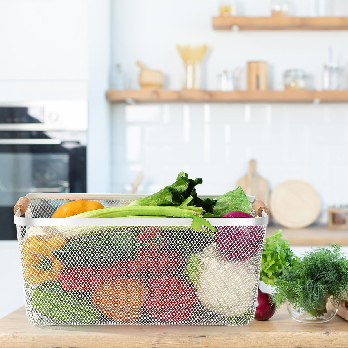 Ziliny 4 Pcs Metal Mesh Wire Baskets with Wooden Handles for Organizing, Pantry Organizers and Storage Steel Bin Kitchen Baskets for Fruit Potato Onion Snacks Bathroom Cabinet(Small,Black)