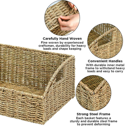 Rattan Storage Baskets, Handwoven Wicker Storage Bins with Built-in Handles, Storage Container Baskets for Shelves, Bedroom, Bathroom, Laundry Room or Kitchen(Natural)