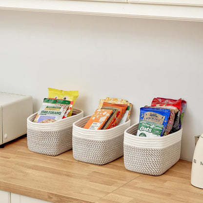 R RUNKA Small Cotton Rope Basket – Storage Bin for Organizing (10.6" x 6.7" x 6.7"), Bathroom Storage Basket for Shelf, Counter & Closet（Beige）