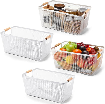 Ziliny 4 Pcs Metal Mesh Wire Baskets with Wooden Handles for Organizing, Pantry Organizers and Storage Steel Bin Kitchen Baskets for Fruit Potato Onion Snacks Bathroom Cabinet(Small,Black)